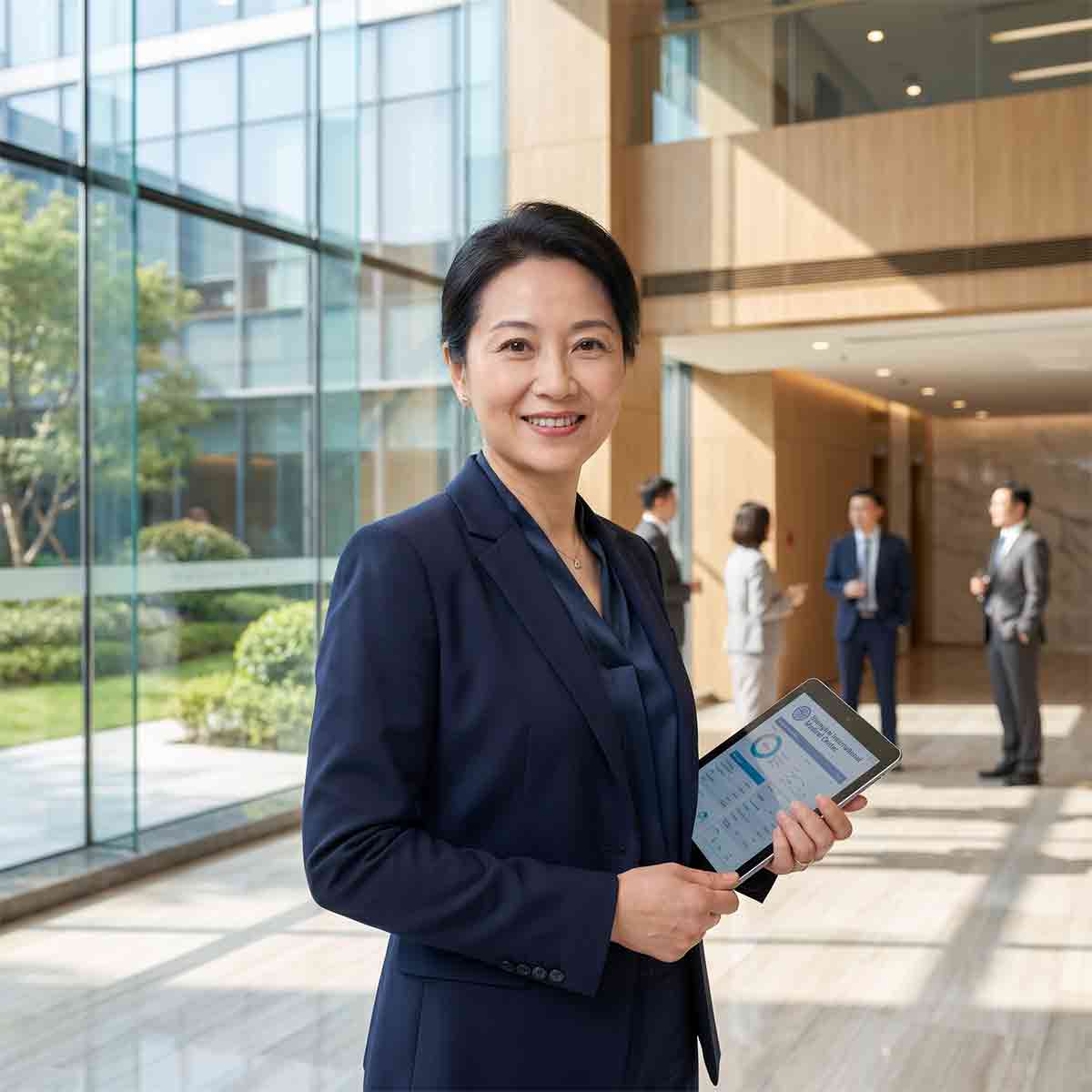 A photorealistic, high-end corporate lifestyle shot of a professional bilingual medical coordinator (elegant Asian female in smart business attire) standing confidently in the bright, modern lobby of a top-tier international hospital in China. She is holding a digital tablet and smiling warmly at the camera, exuding trust and expertise. Clean architectural lines, natural light streaming through large floor-to-ceiling glass windows.